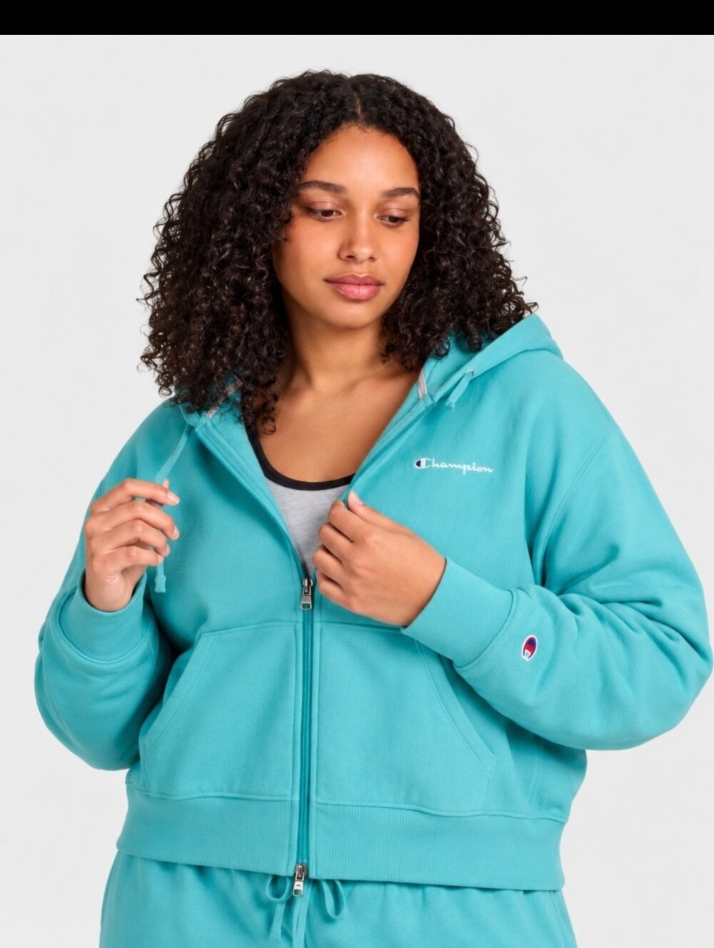 Champion Women's Cropped Fleece Zip-Up Sweatshirt Hooded Ribbed Knit Milky Way